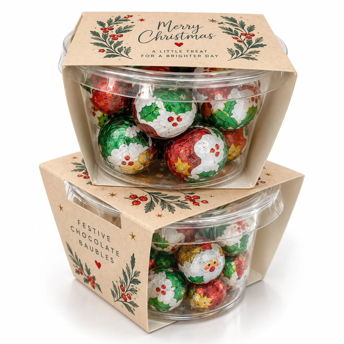 Branded Eco Tub Large filled with foiled chocolate baubles, festive Christmas packaging