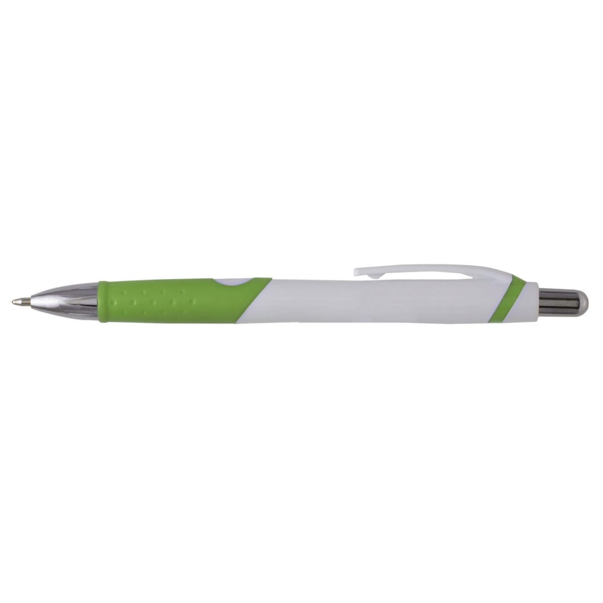 Branded Rubber Grip Retractable Pen with Chrome Nose in Lime Green