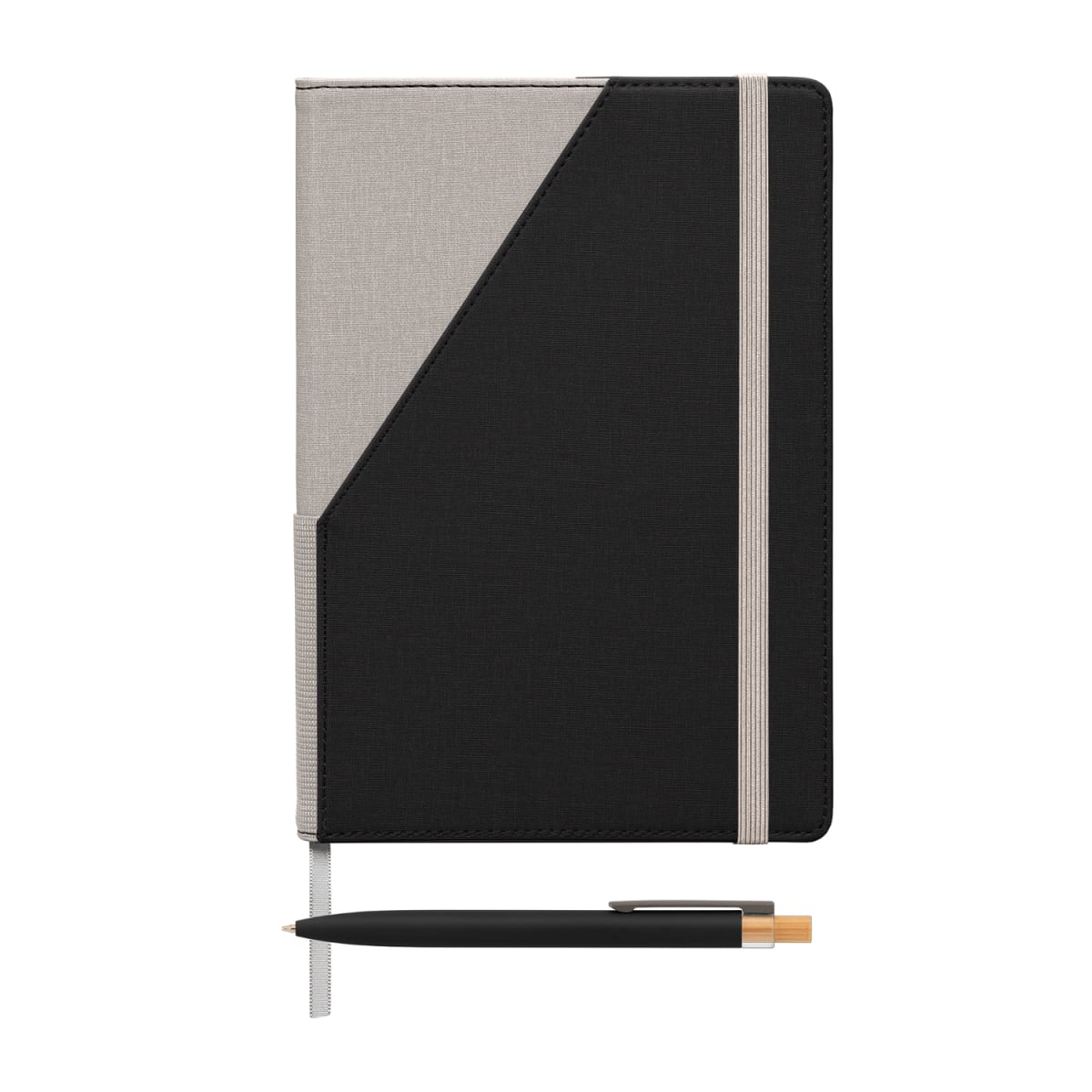 Branded Recycled PU Two-Tone A5 Notebook and Pen Set in Black