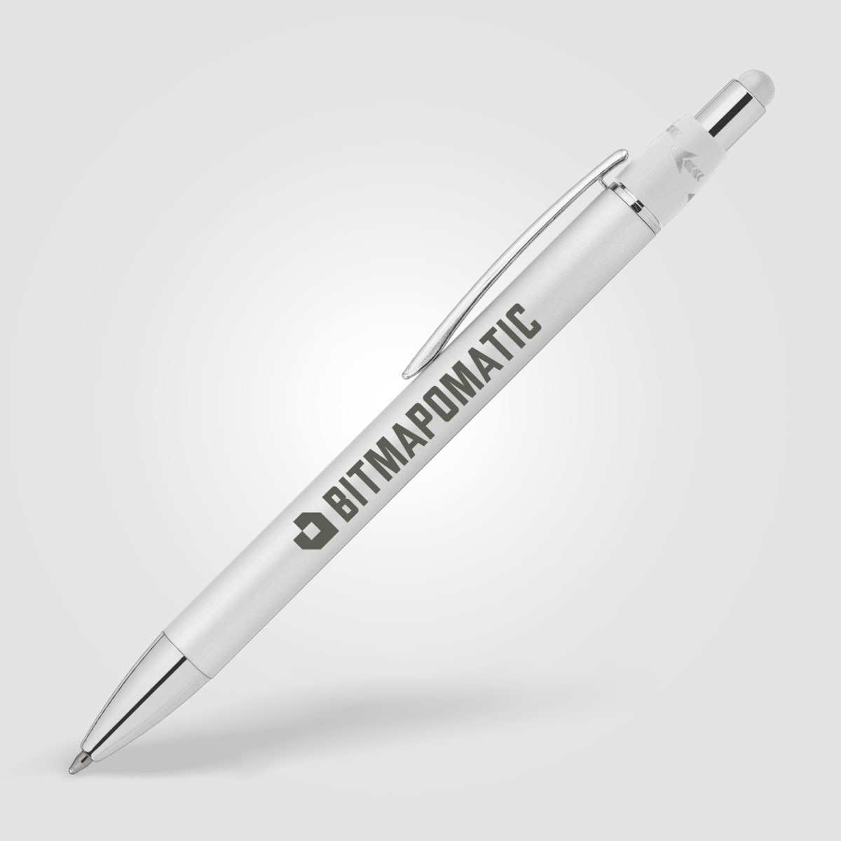 Branded Metal Spinner Pen with Chrome Trim and Stylus
