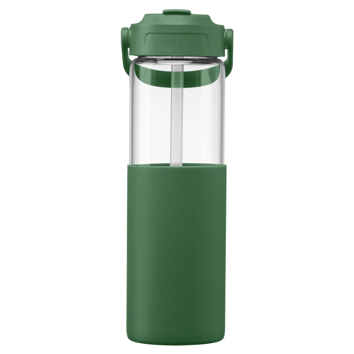 Branded 650 ml Glass Straw Bottle with Silicone Sleeve in Forest Green
