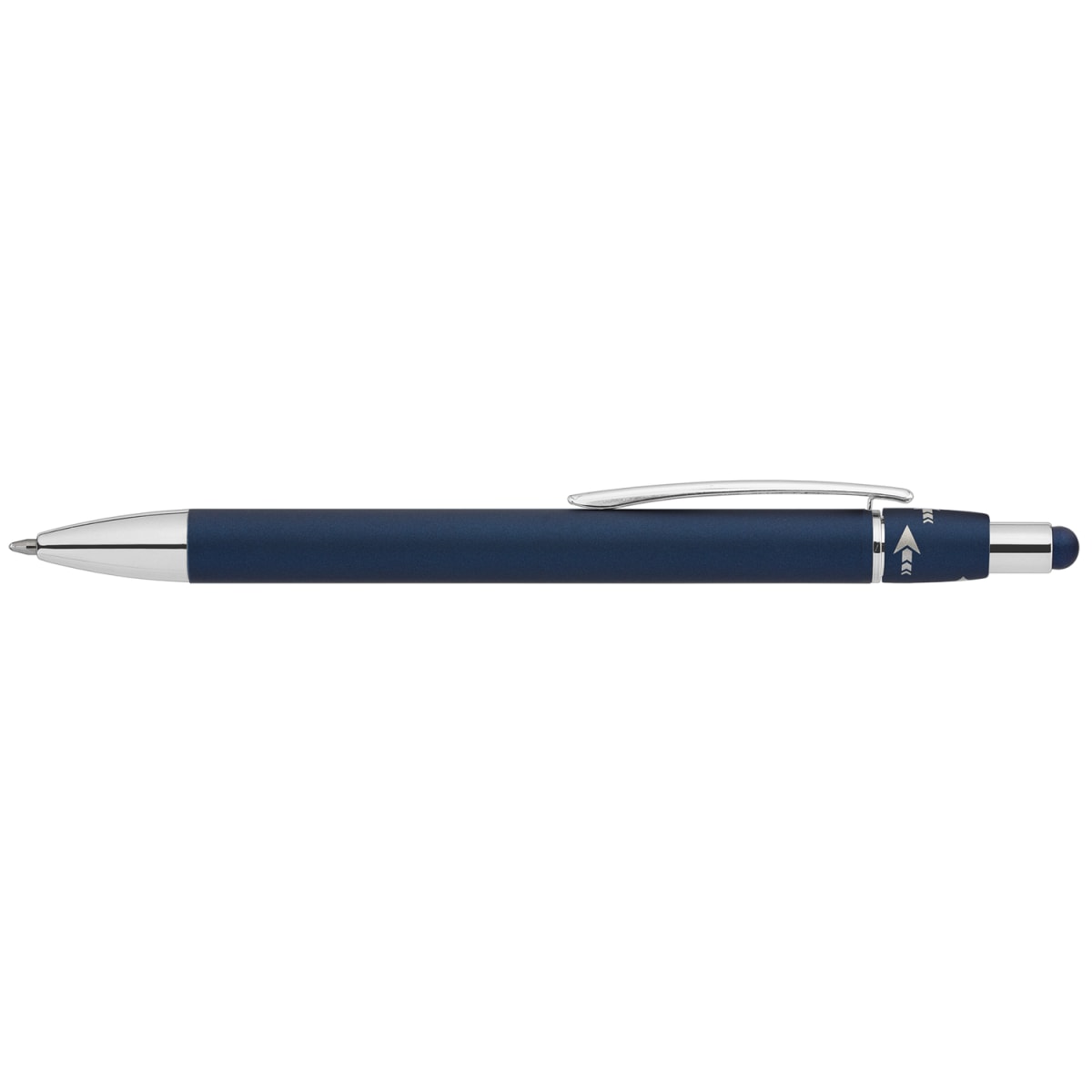 Branded Metal Spinner Pen with Chrome Trim and Stylus in Navy Blue