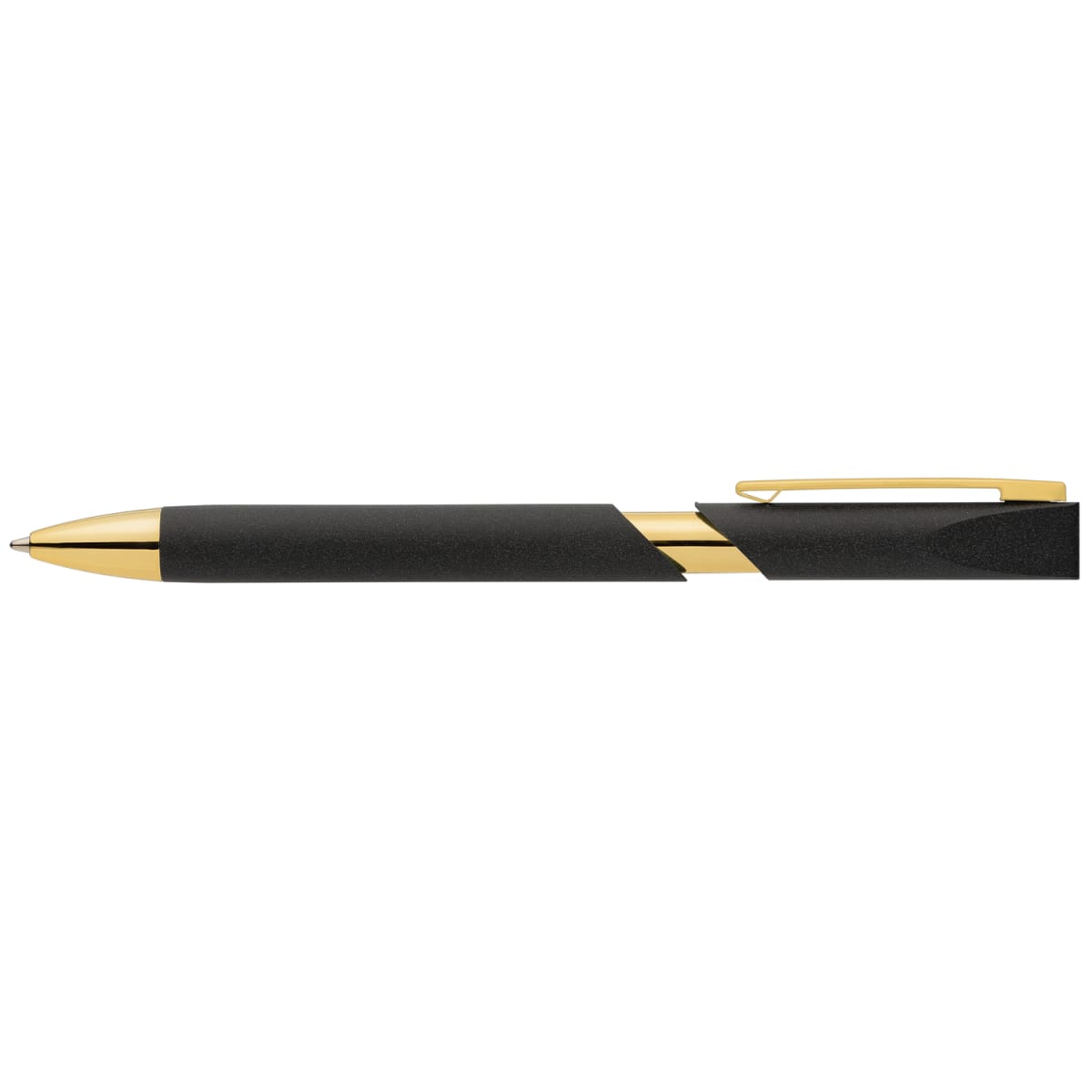Branded Recycled Plastic Pen with Stone Finish and Gold Trim in Black