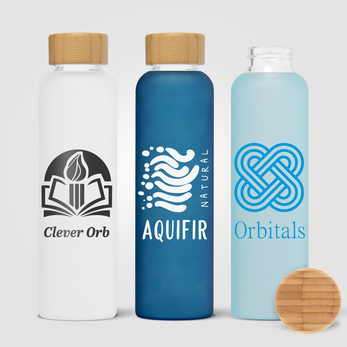 Branded Frosted Glass Water Bottle with Bamboo Lid 590ml