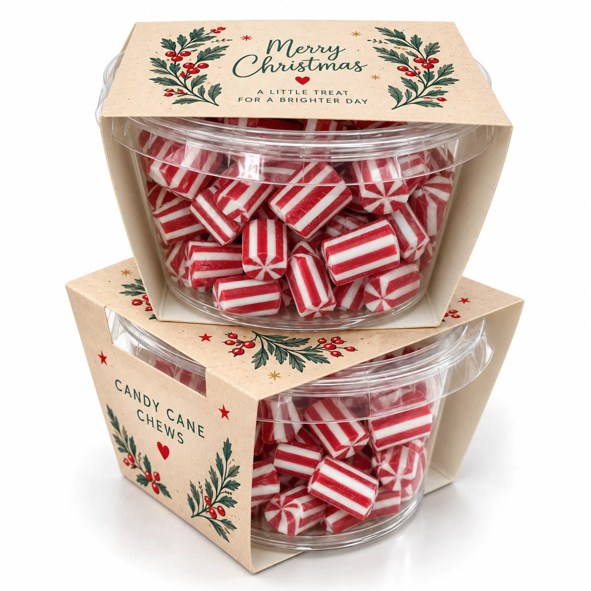 Branded Eco Tub Large filled with candy cane chews, festive Christmas packaging