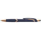 Branded Soft-Touch Plastic Pen with Rose Gold Trim and Stylus in Navy Blue
