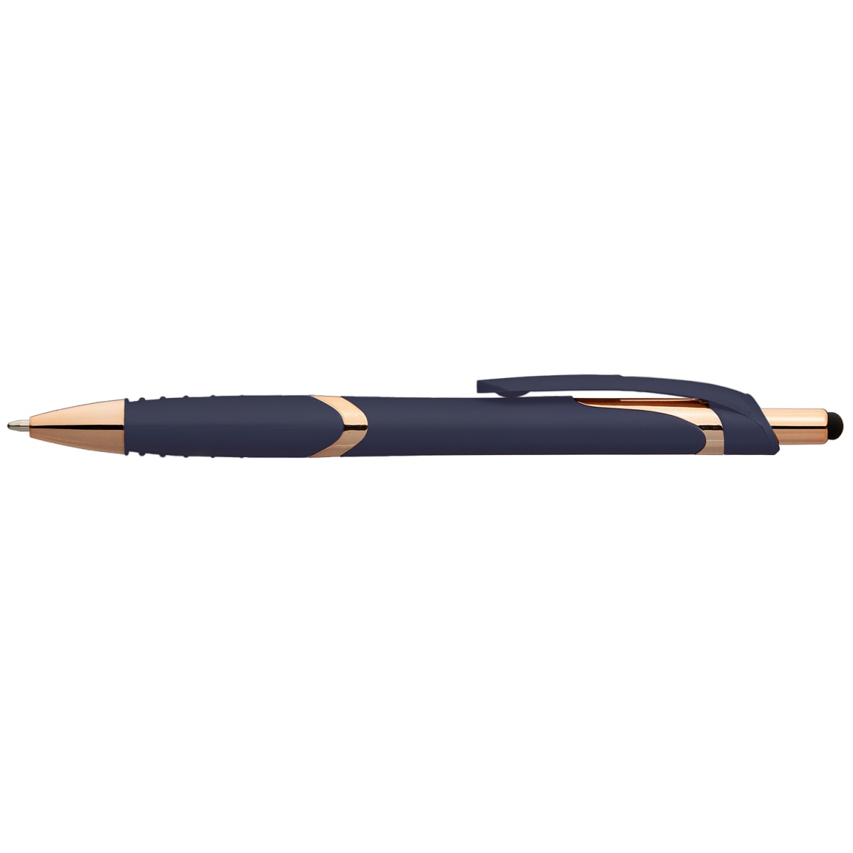 Branded Soft-Touch Plastic Pen with Rose Gold Trim and Stylus in Navy Blue