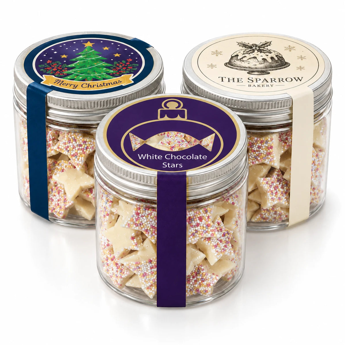 Branded Reuse Me Pot Large filled with white chocolate stars, three printed lid designs