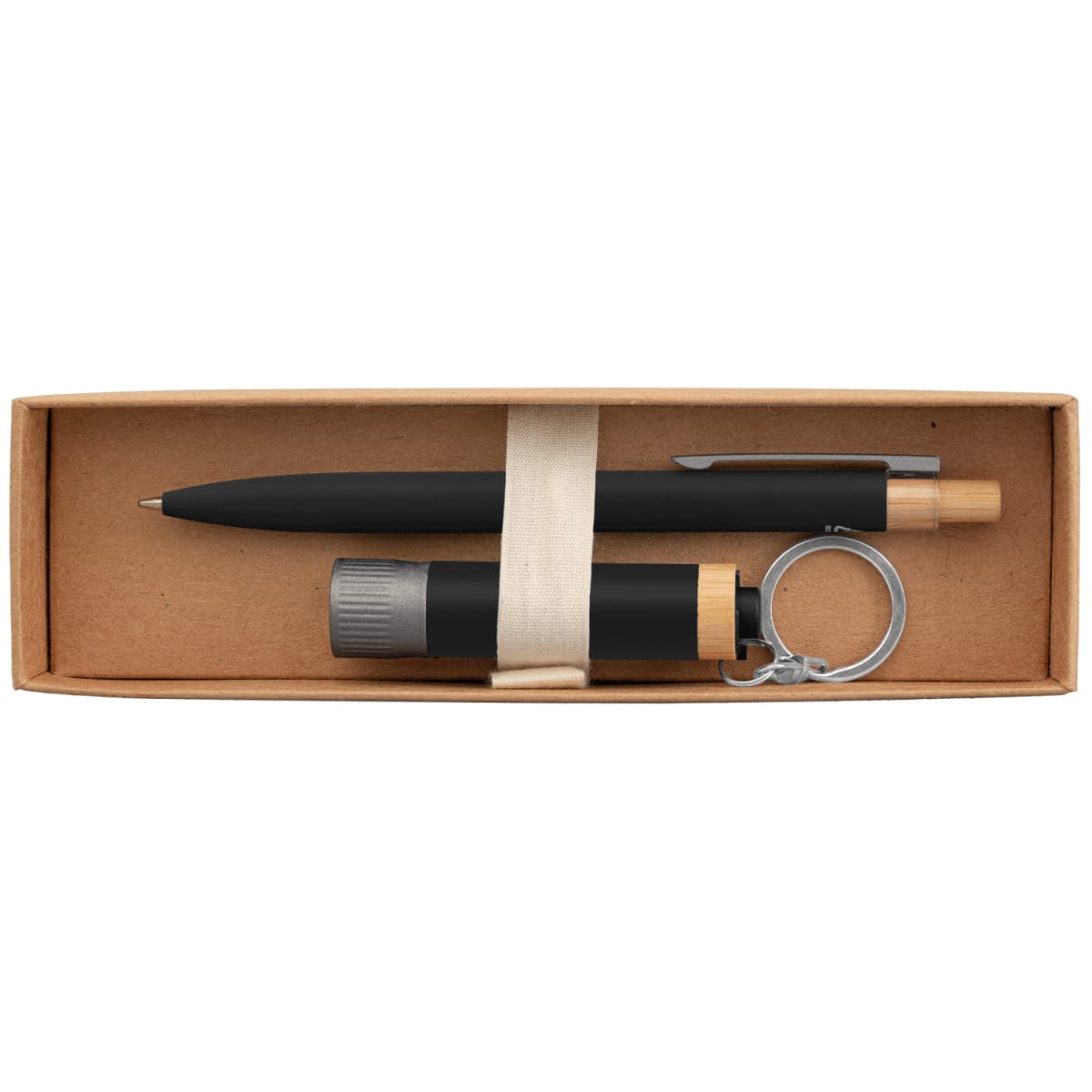 Branded Recycled Aluminium Pen and Torch Gift Set with Bamboo in Black