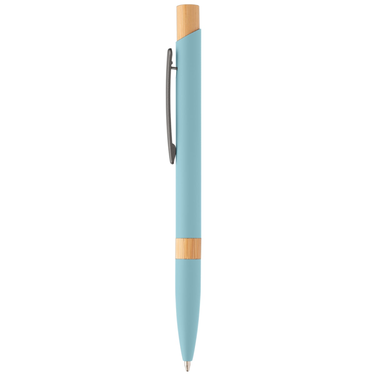 Branded Recycled Aluminium Pen with Bamboo Trim in Light Blue