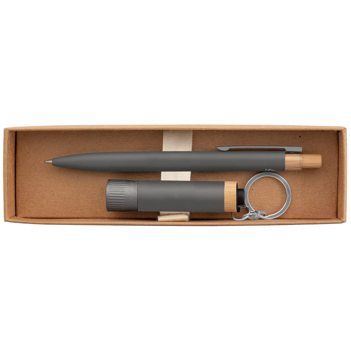 Branded Recycled Aluminium Pen and Torch Gift Set with Bamboo in Gunmetal