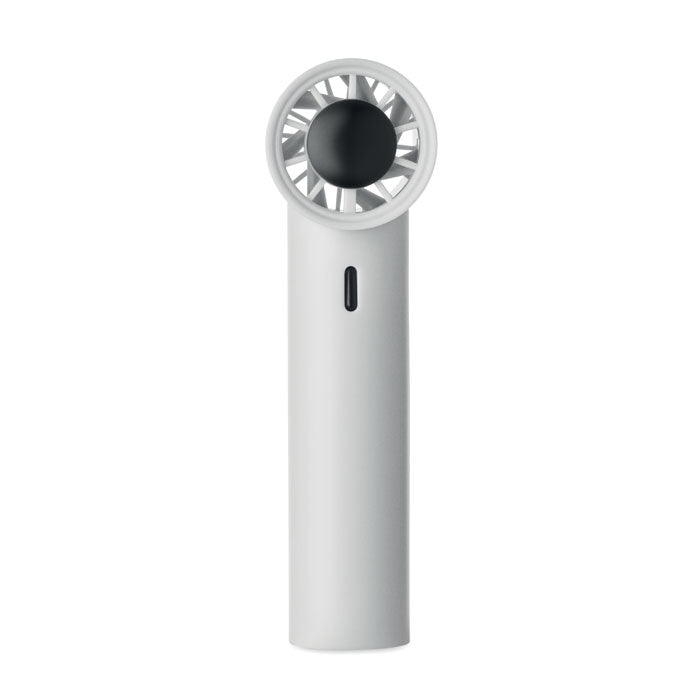 Handheld fan with white body and black top on a white background