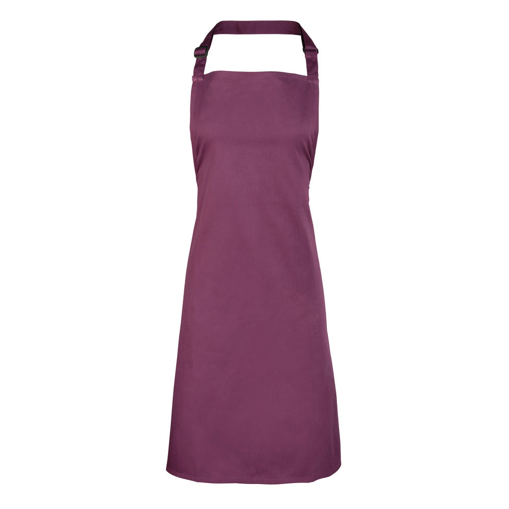 Branded Full Bib Apron in Polyester Cotton or Denim in Aubergine