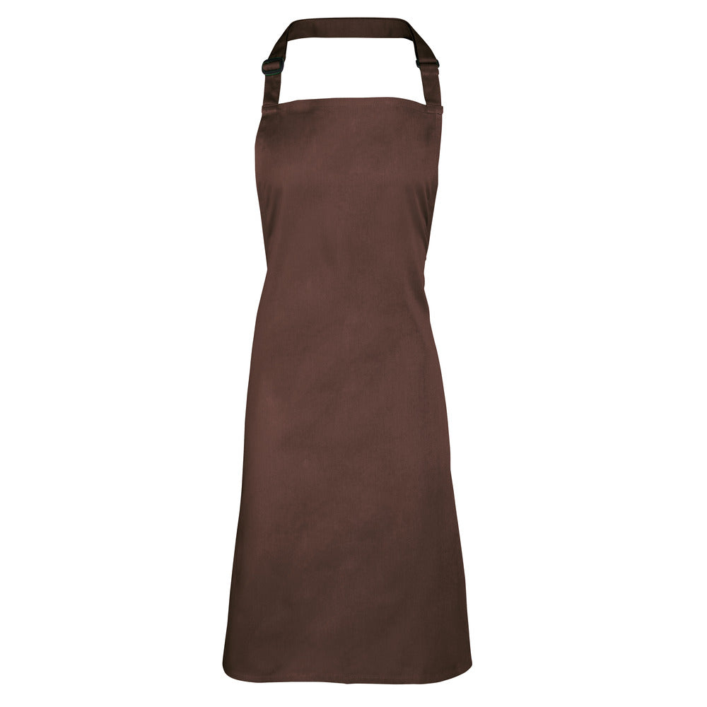 Branded Full Bib Apron in Polyester Cotton or Denim in Brown