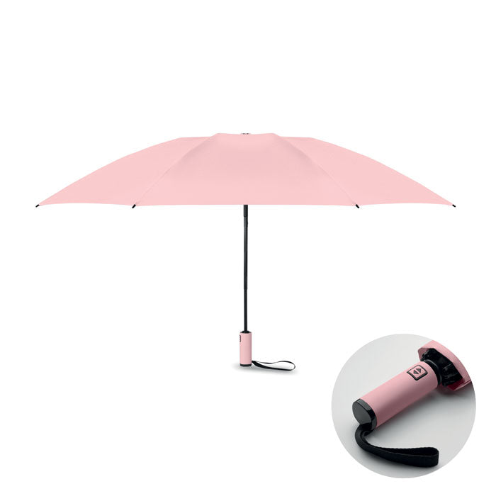 Pink umbrella with a close-up of the handle on a white background