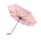 Pink umbrella with black accents on a white background