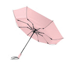 Pink umbrella with black accents on a white background