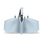 Light blue umbrella with a black handle on a white background