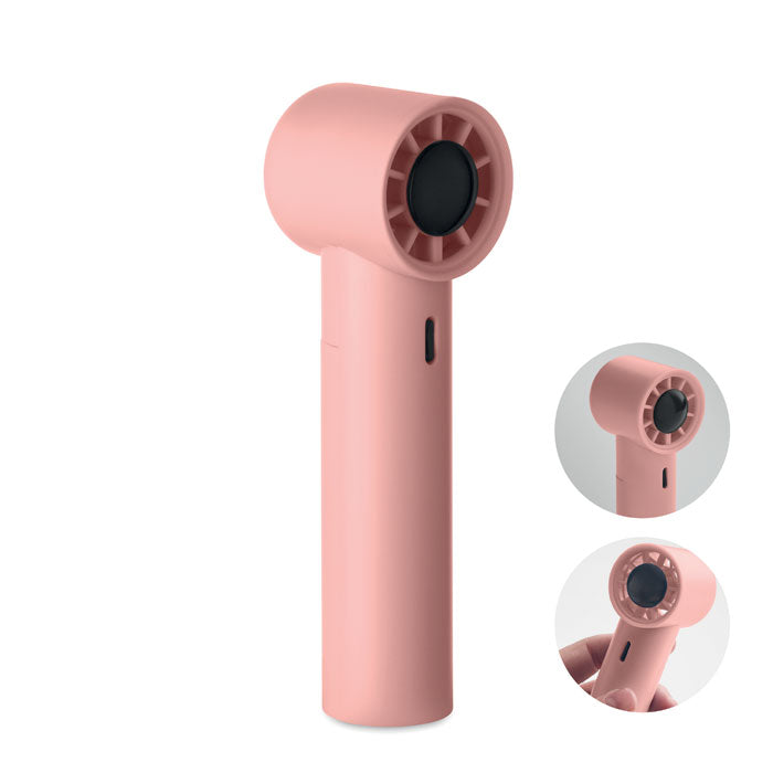 Pink handheld device with a black circular component on a white background