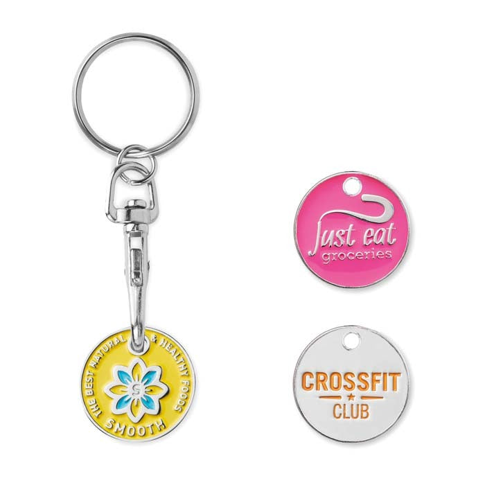 Three keychains with different designs on a white background