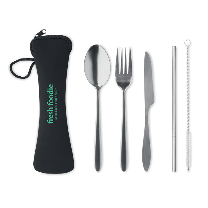Set of silver cutlery with a black case labeled 'fresh foodie' on a white background.
