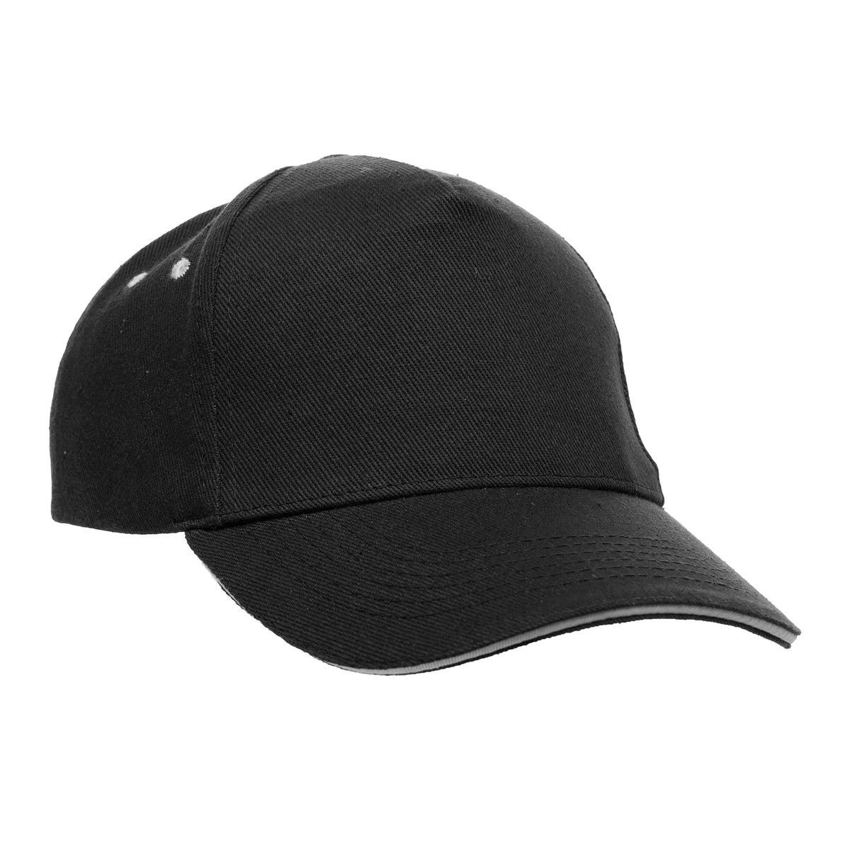 Branded Cotton 5 Panel Cap with White Sandwich Peak in Black