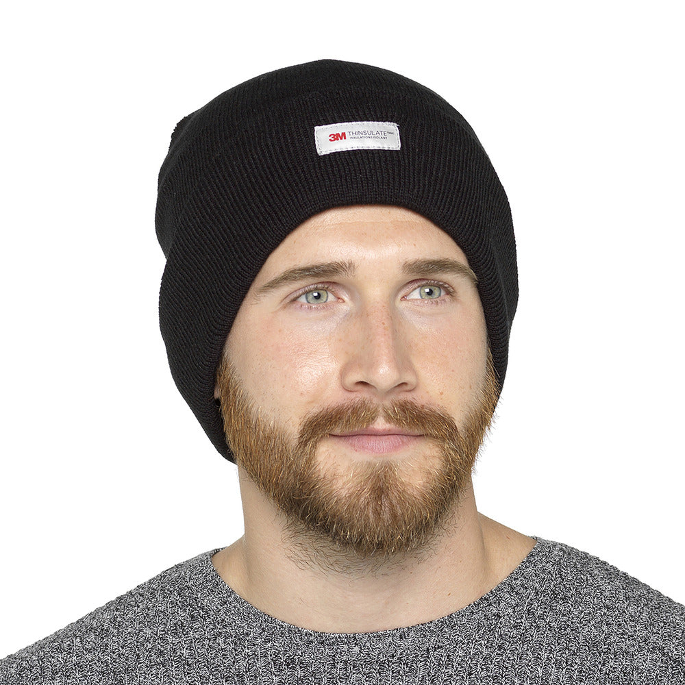 Branded Thinsulate Lined Cuffed Beanie Hat in Black
