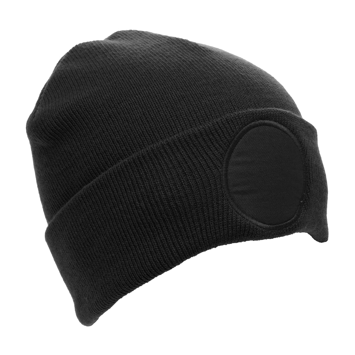 Branded Beanie Hat with Circular Patch in Black