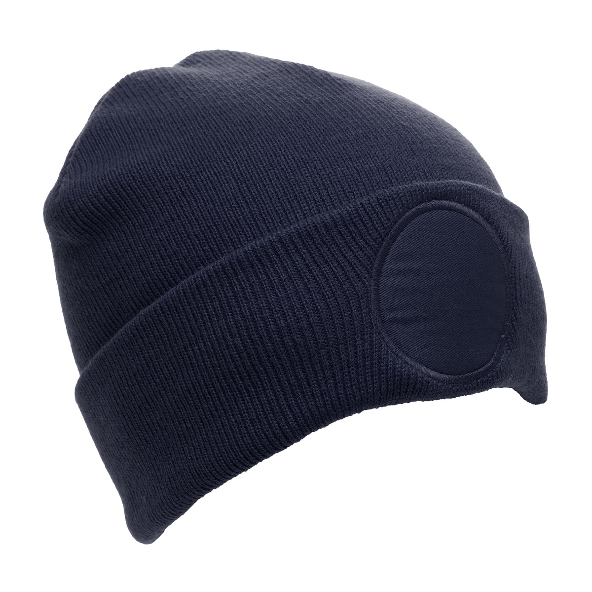 Branded Beanie Hat with Circular Patch in Navy