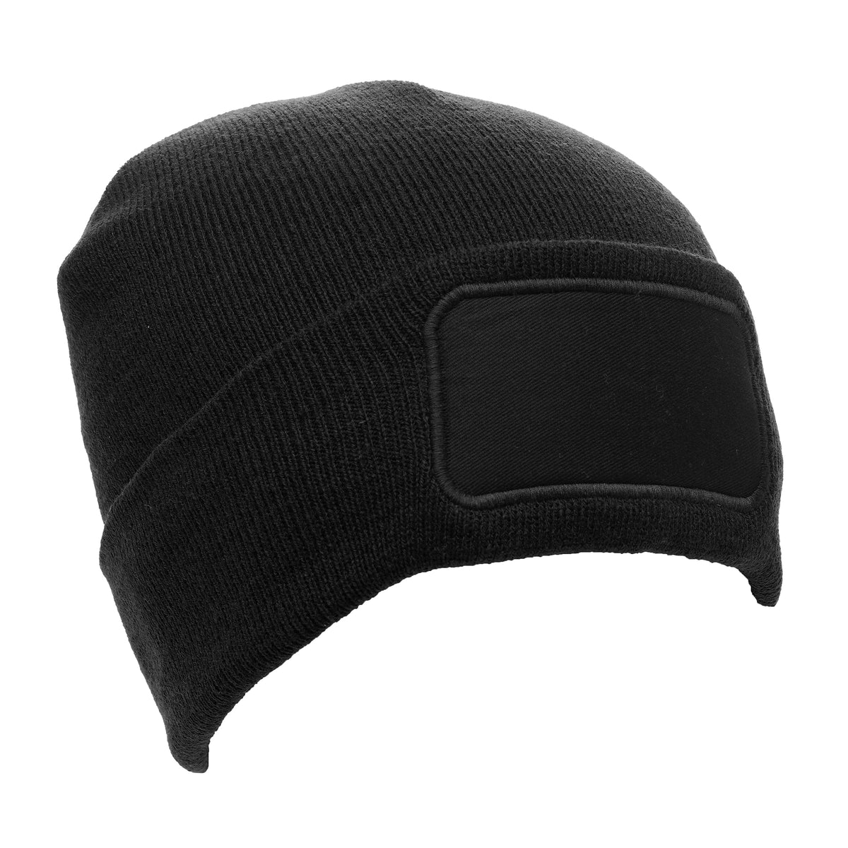 Branded Recycled Polyester Beanie with Rectangular Patch in Black
