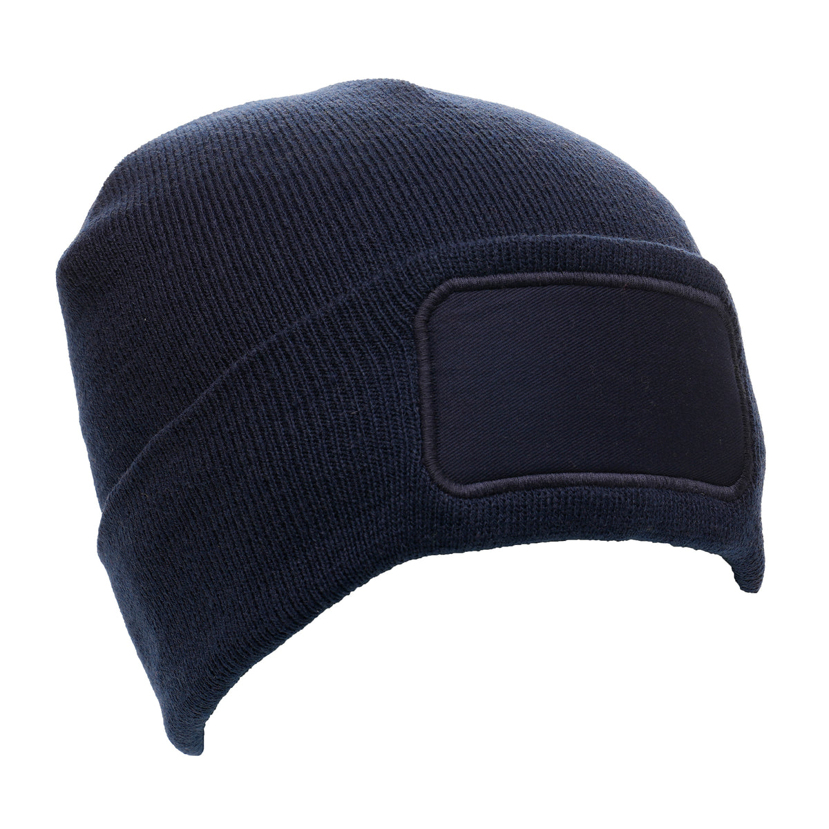 Branded Recycled Polyester Beanie with Rectangular Patch in Navy