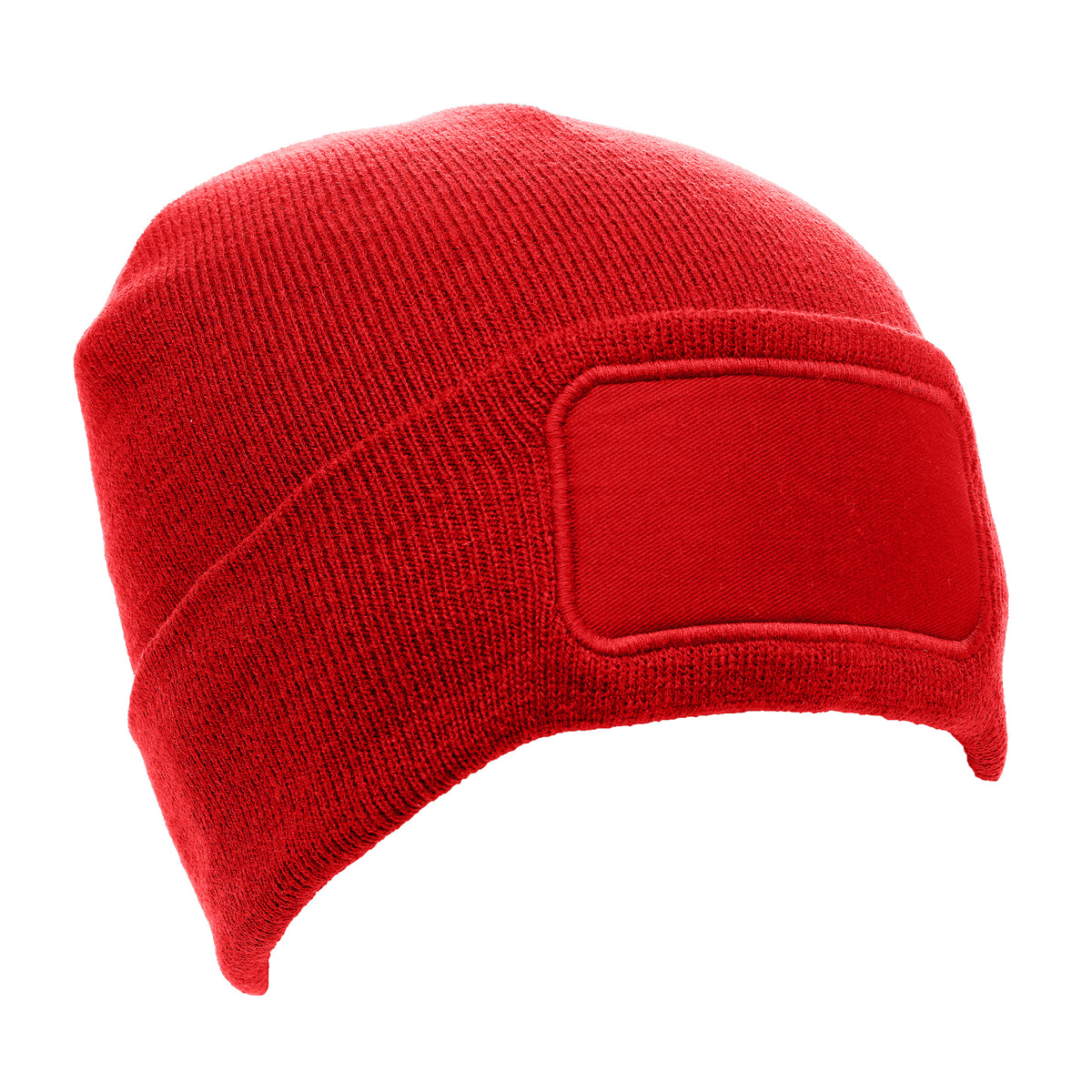 Branded Recycled Polyester Beanie with Rectangular Patch in Red