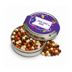Branded chocolate pearls caviar tin, front view
