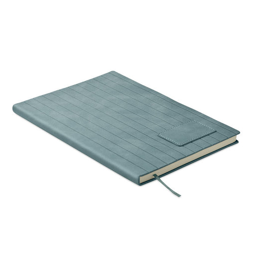 Blue notebook with textured cover on a white background