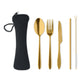 Gold cutlery set with black case on a white background