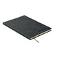 Black notebook with textured cover on a white background