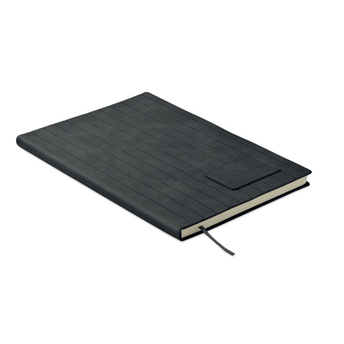 Black notebook with textured cover on a white background