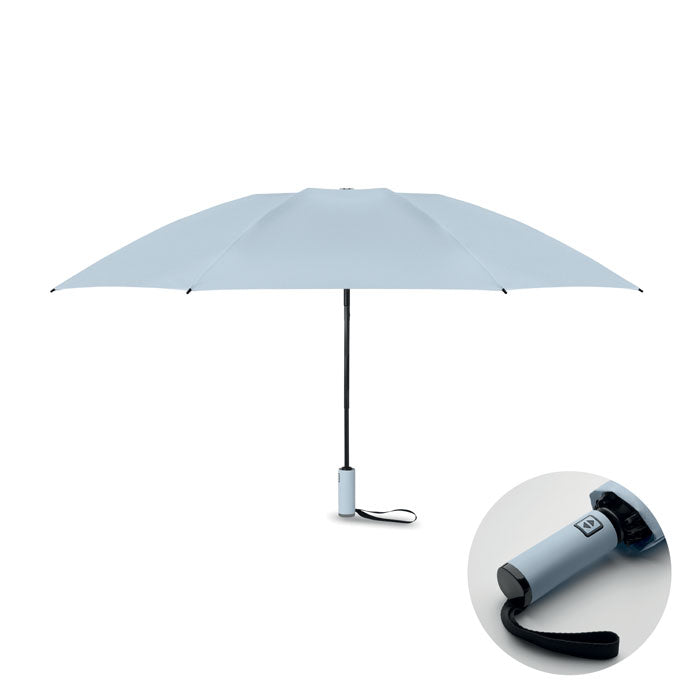 Light blue umbrella with a close-up of the handle on a white background