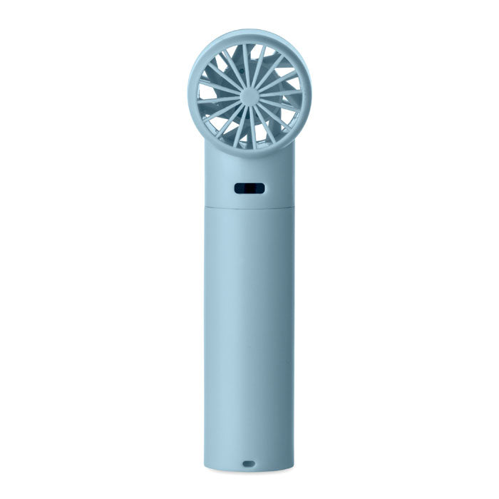 Portable fan with a blue design on a white background