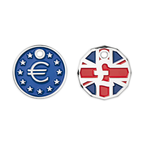 Two round charms with symbols on a white background