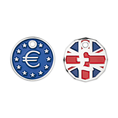 Two round charms with symbols on a white background