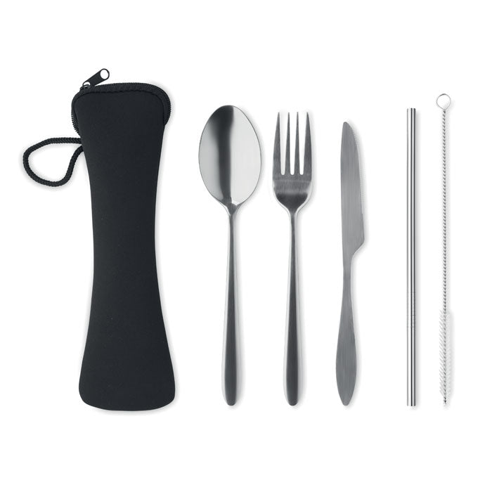 Set of silver cutlery with a black case on a white background