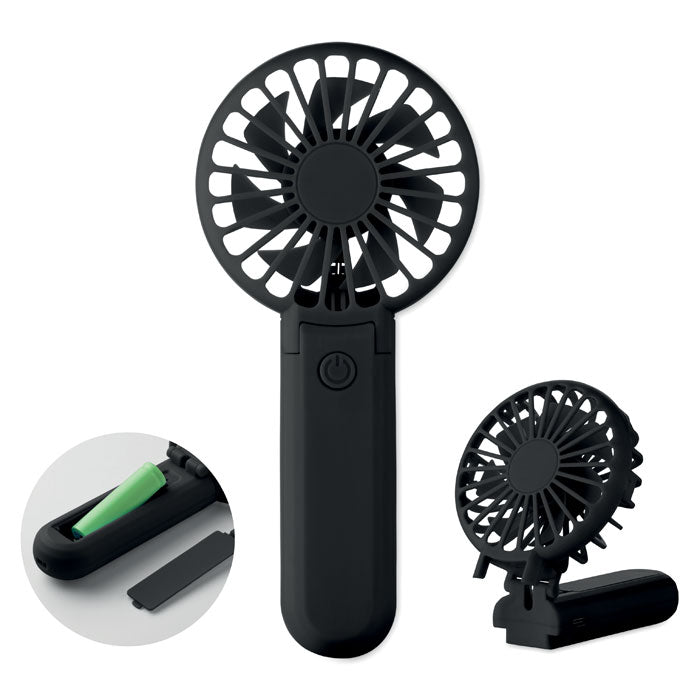 Black handheld fan with clip on a white background