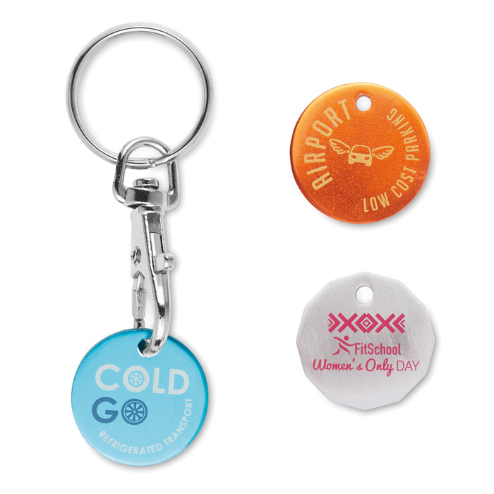 Keychain with three round tags featuring different text and designs on a white background