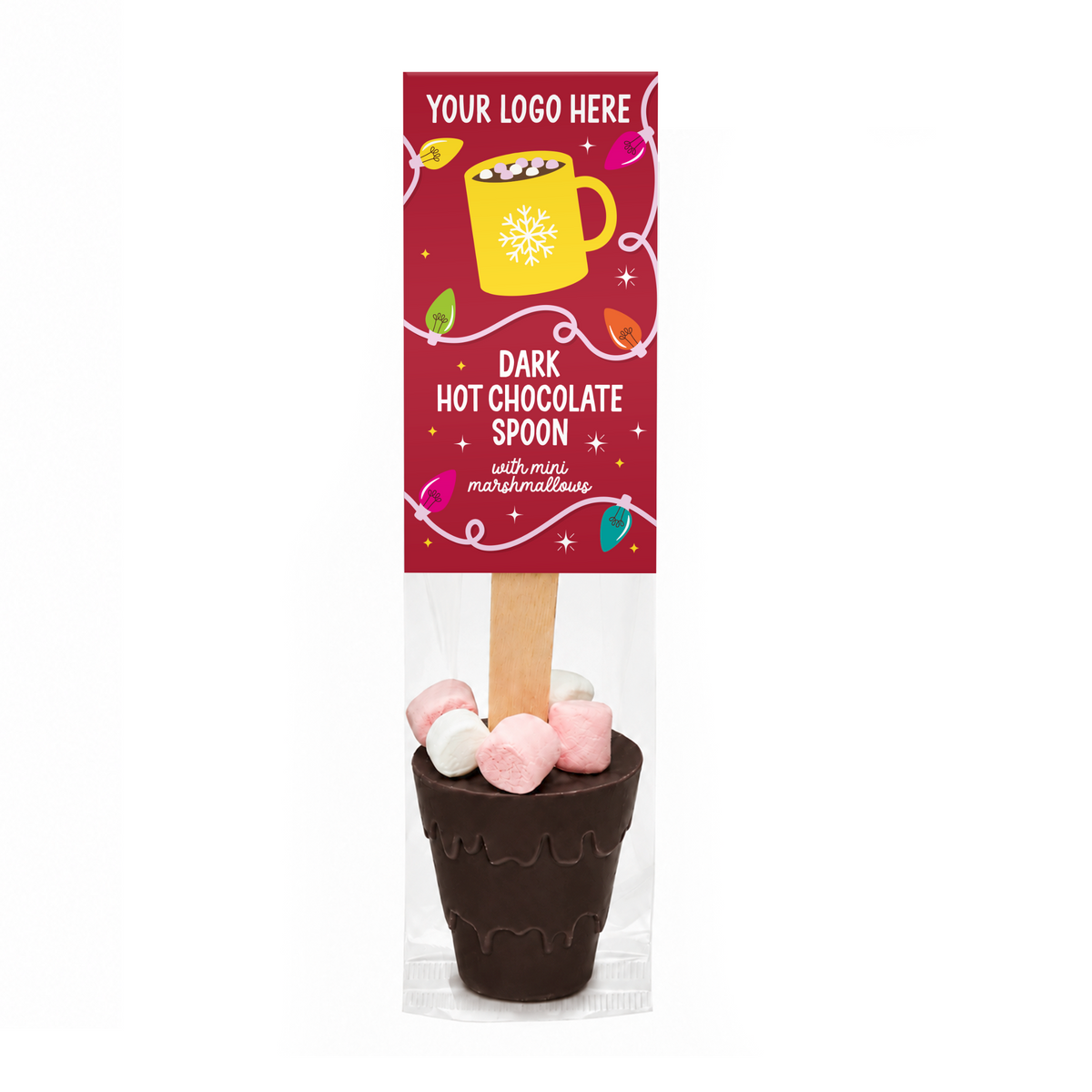 Branded dark chocolate hot chocolate stirrer with mini marshmallows