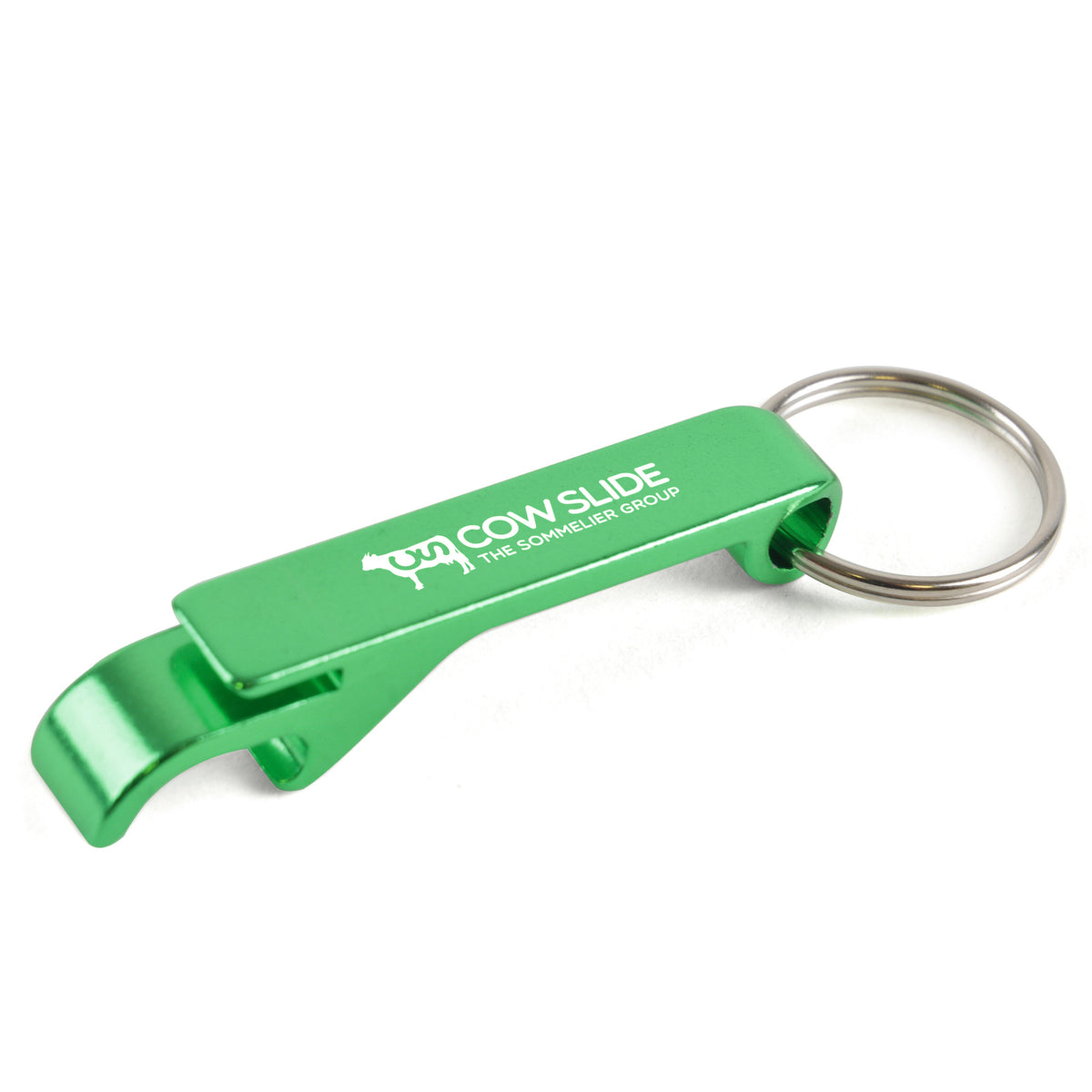 Branded Aluminium Bottle and Can Opener Keyring in Green