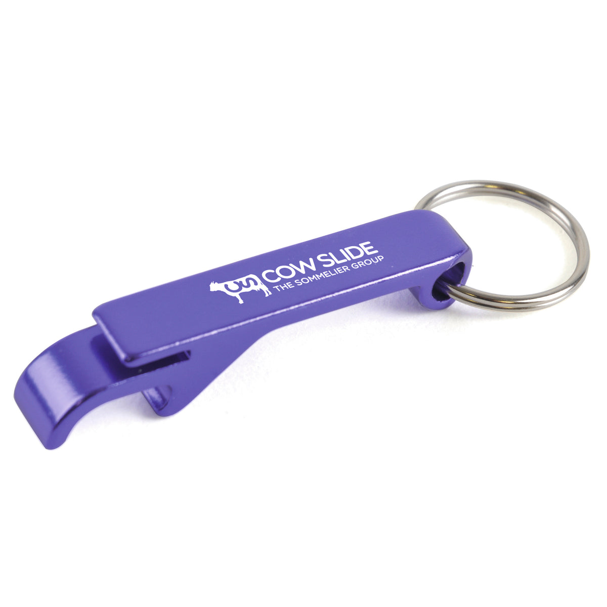 Branded Aluminium Bottle and Can Opener Keyring in Purple