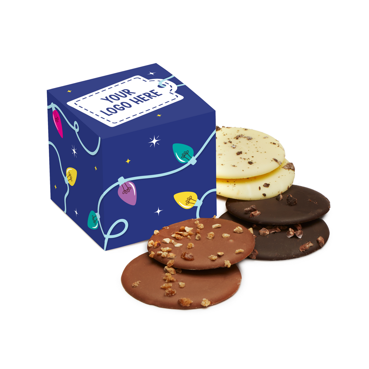 Branded chocolate discs maxi cube, front view