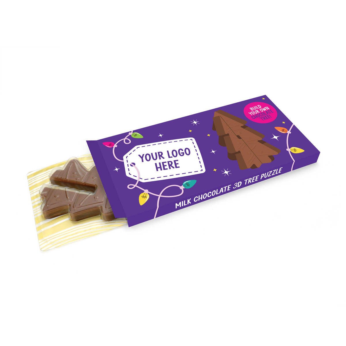 Branded 3D chocolate tree puzzle, box open showing parts