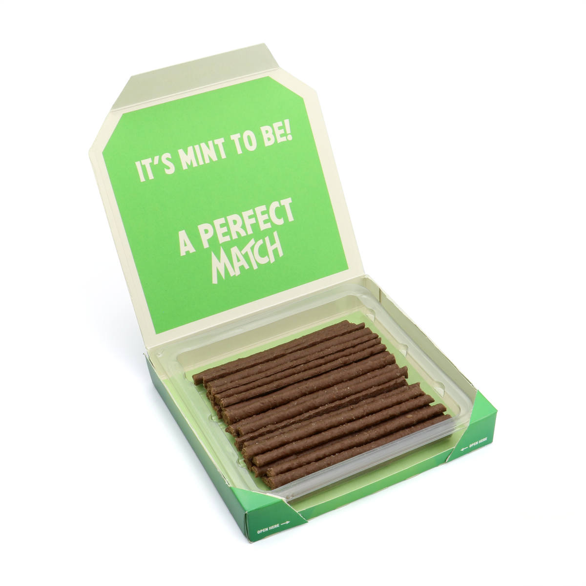 Branded mint Matchmakers wrap, open view